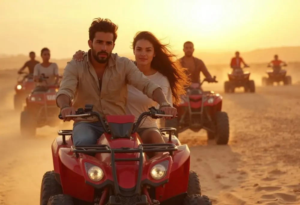 Couple enjoying ATV quad bike desert safari adventure in Hurghada
